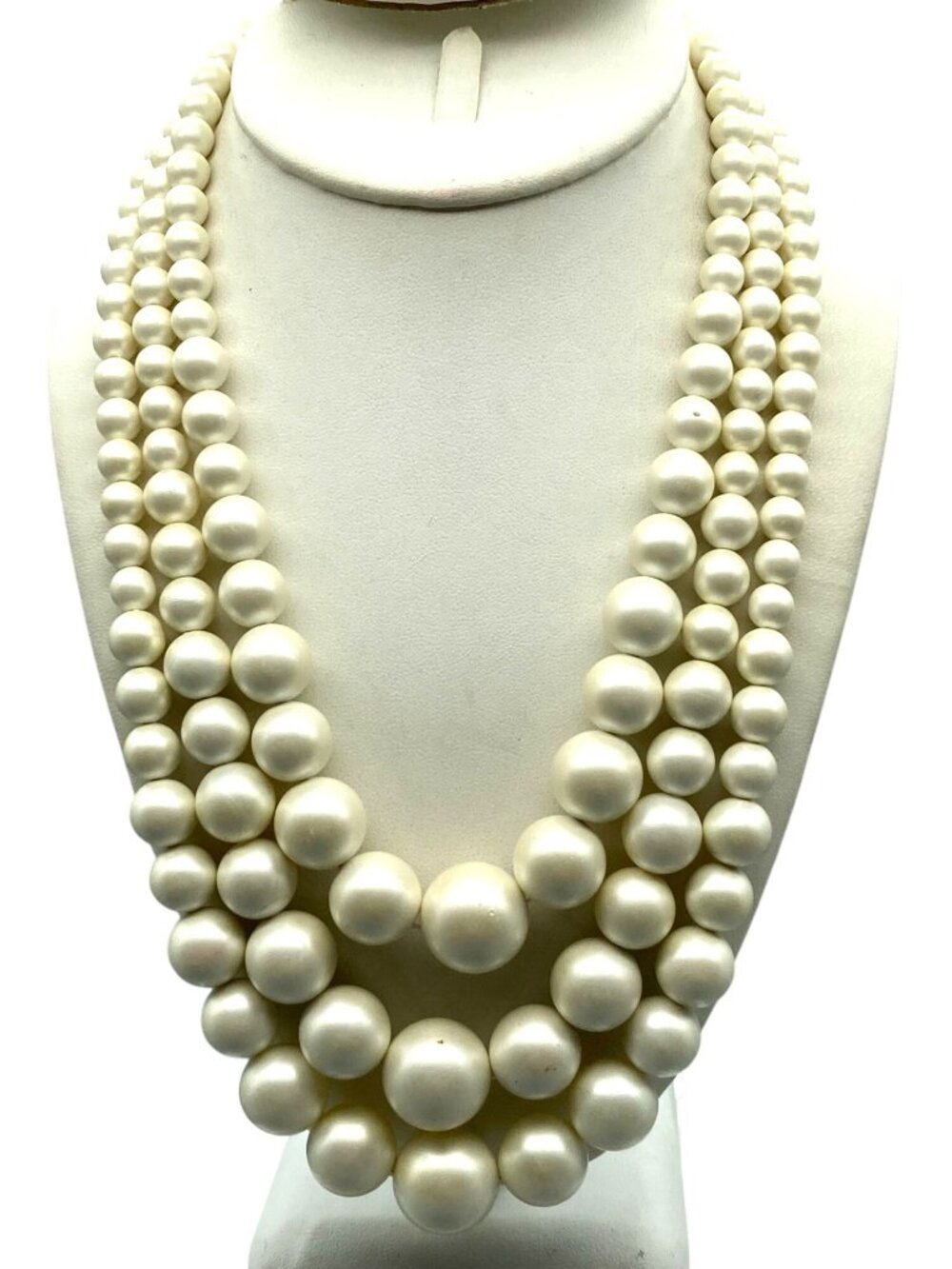 Vintage Laguna Triple Strand Necklace, White Satin Finish Graduated Beads